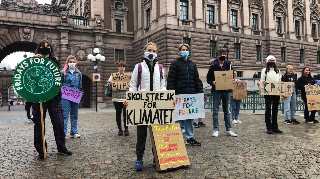 In Sweden, movement founder Greta Thunberg was pictured in a socially distanced demonstration
